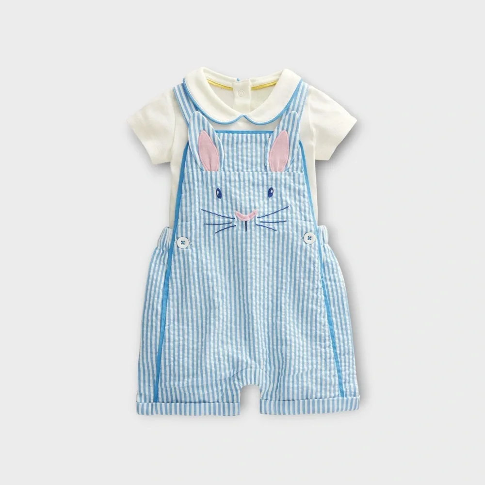 Mini Boden Blue Stripe Bunny Romper & Peter Pan Collar Bodysuit Matching Set